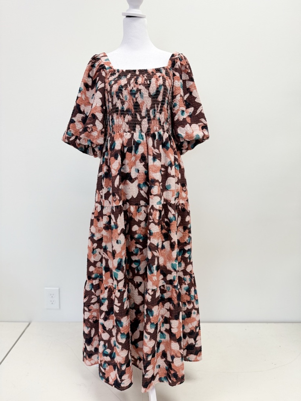 Floral Smocked Midi Dress in Brown and Peach